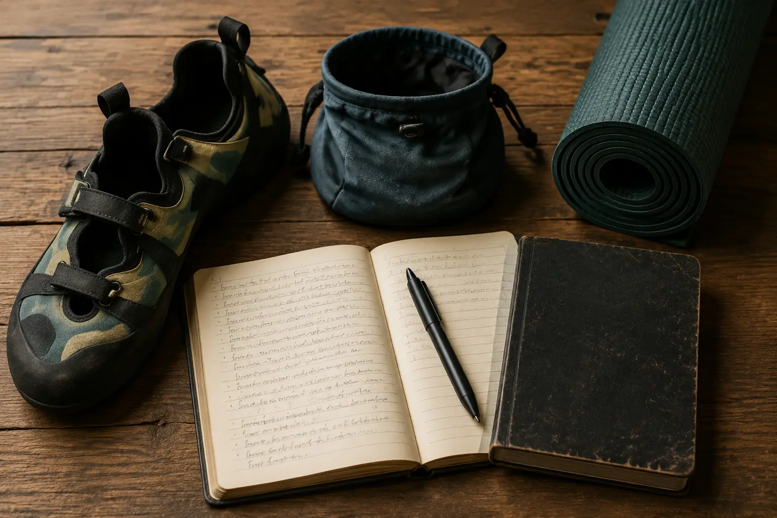 Still life photo of the founders origins in climbing, yoga and the outdoors