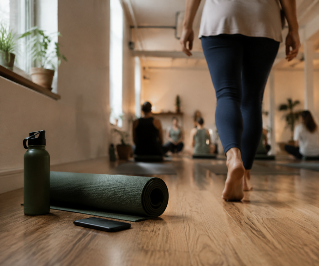 A phone rests beside a rolled yoga mat as a person walks into a calm yoga class.