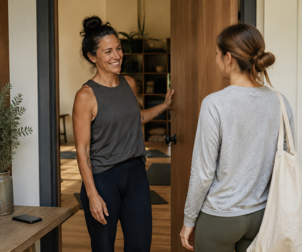 A yoga instructor warmly welcomes a student at a studio entrance, with a phone set aside nearby.