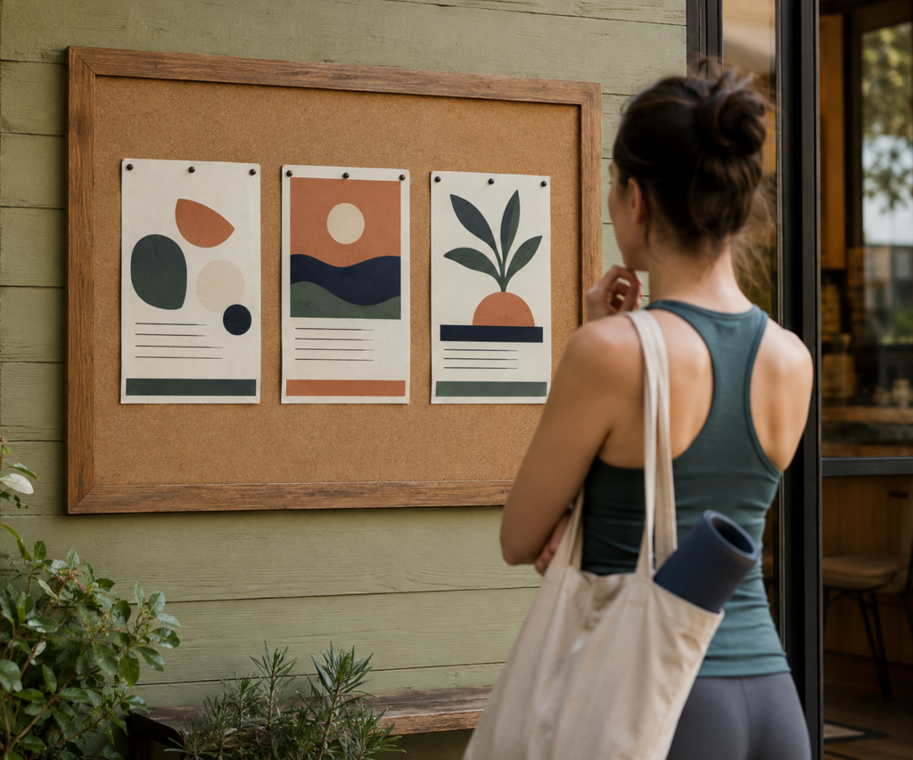 A person views three equally displayed, unbranded yoga-class notices on a community bulletin board.