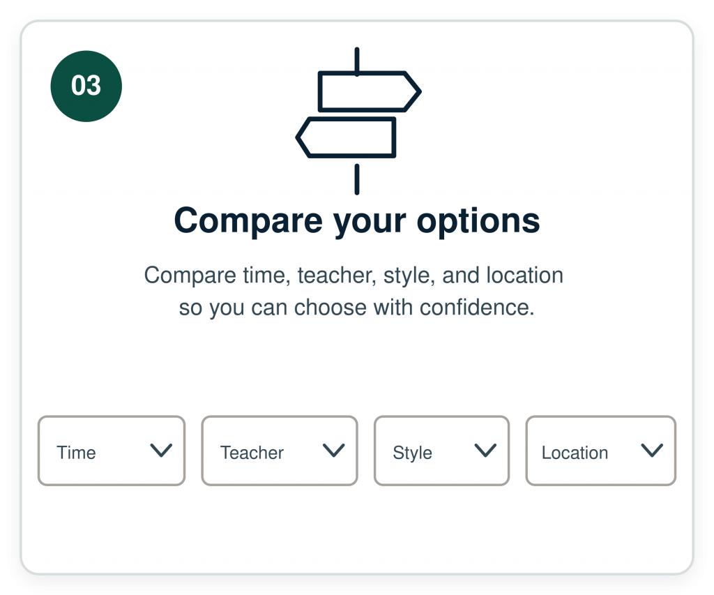 How it works step 3. Compare your options, time, teacher, style and location near you so you can choose with confidence.
