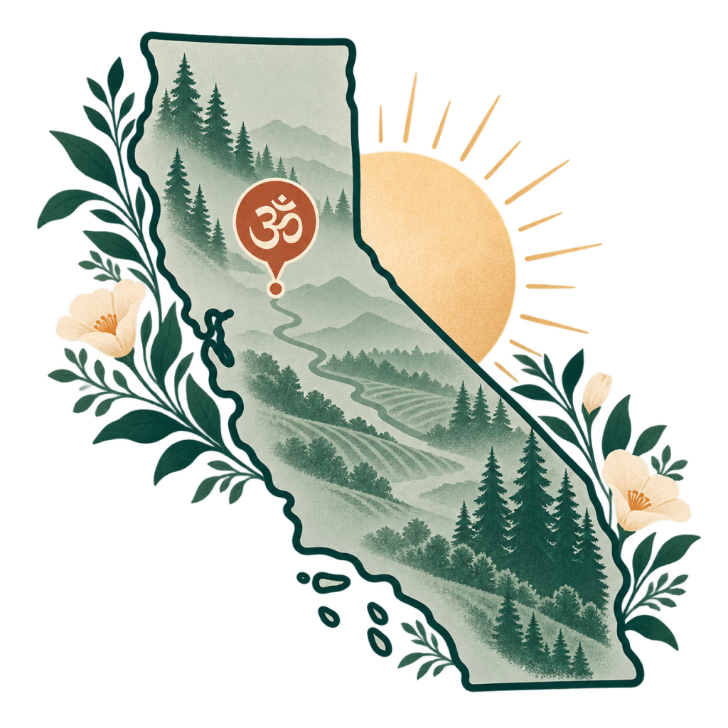 California map with an Om location marker at Sacramento.